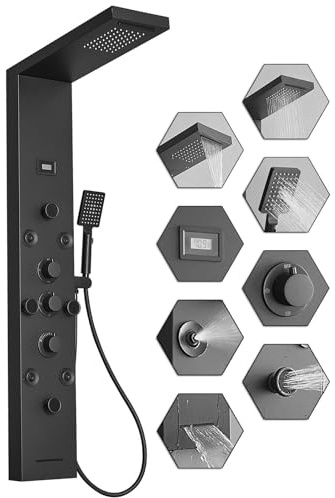 Bathfinesse Stainless Steel Shower Panel Tower System Rain Massage System 6 IN 1 Body Spray Jets Shower Wall Panels Rainfall Waterfall Shower Head Tub Spout with Temperature Display,Matte Black