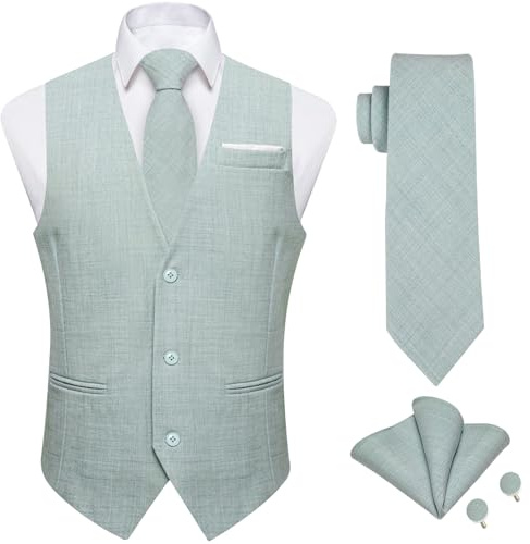 DiBanGu Herren-Anzugweste, Leinen, einfarbig, Weste für Herren, Hochzeit, Freizeit, Krawatte, Einstecktuch, Manschettenknöpfe, Größe S-3XL, 4 Stück, Hellgrün, X-Large
