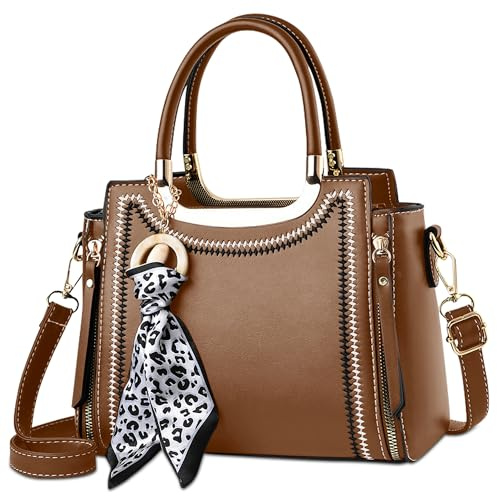 SODOLLEE Handtasche Damen Henkeltaschen mit Seidentuch Anhänger Elegant Umhängetasche PU Leder Schultertasche für Reisen Shopper Arbeiten Khaki