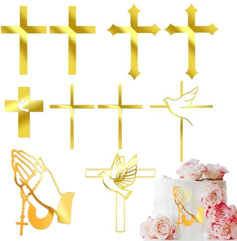 Dbuwqips 9Stücke Cake Topper Kommunion Tortendeko Taufe Torte Deko Fisch Acryl-Kreuz-Tortenaufsatz für Junge Mädchen Konfirmation,wer098