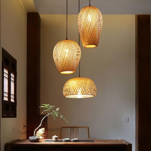 JOJOM Handgewebte Bambus Pendelleuchte Retro Stil Laterne Kronleuchter Landhaus Hängelampe Höhenverstellbar Leuchte Hängend Kronleuchter für Esszimmer Schlafzimmer Wohnzimmer E27 Pendant Lamp 3 Lights