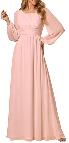 Ever-Pretty Robes de Demoiselle d'honneur Col Ronde Manches Longues Mousseline Maxi Robe évasée Rose 40
