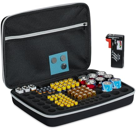 Relaxdays Custodia Porta Batterie Stilo con Tester, 134 Pile AA, AAA, C, D e 9V, Valigetta Organizer Portabatterie, Nero