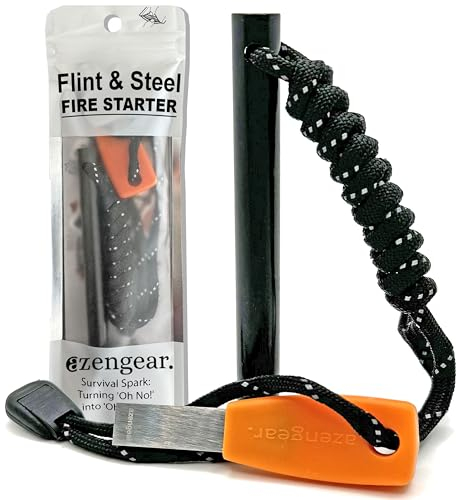 aZengear Survival Flint Fire Starter Kit, Thick Ferro Rod (4 x ⌀ 2/5) with Comfy Steel Striker, Paracord Lanyard String for Camping, Bushcraft