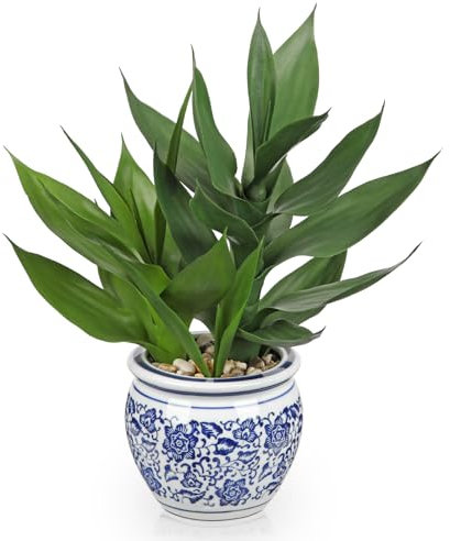 Arborus Artificial Lucky Bamboo in Ceramic Blue and White Porcelain Planter, 12.5 Small Indoor Plant for Home Kitchen Bathroom Decor