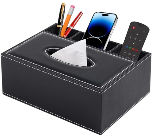 XNONE Kosmetiktücherbox PU Leder Taschentuchbox mit Fernbedienung Ablagefunktion,Tissue Box Organisator,Rechteckig Kosmetiktücher Box für Esszimmer Badezimmer Schlafzimmer Büro Couchtisch Auto,Schwarz