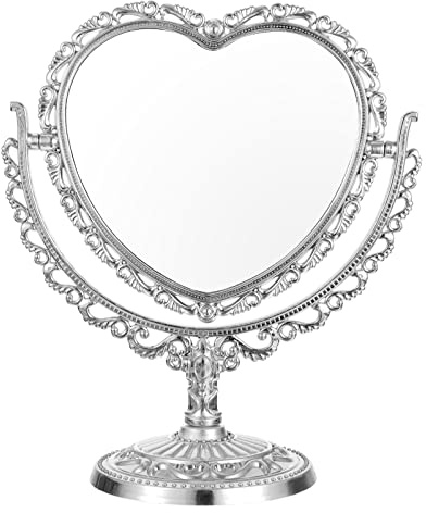 BELLIFFY Herzform Schminkspiegel Silber Ständer Drehbar, Tisch | Kunststoff, Frei Rotierendes Design, für Vanity und Badezimmer, Retro Stil, Platzsparend, Klar