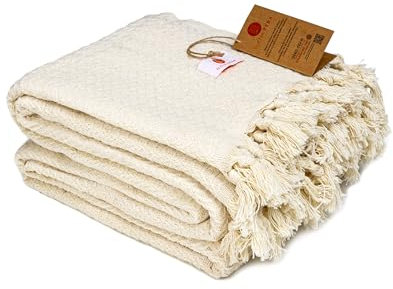 Buena Zeba Traditionelle Baumwolldecke mit Zickzack-Muster, Fransen, 200 x 235 cm (Ecru)