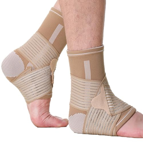 NEOtech Care Sprunggelenkbandage zur Unterstützung - elastischer & atmungsaktiver Stoff - verstellbarer Kompressionsriemen - Männer, Frauen - linker oder rechter Fuß (Beige, 1 Paar, Größe M)