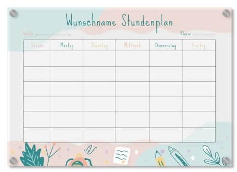 Personalisierter Acrylglas Stundenplan für Kinder abwischbar DIN A3, A2 oder A1 XXL wählbar inkl. Montagematerial und Edelstahl Abstandhalter, langlebig, klarer UV-Druck