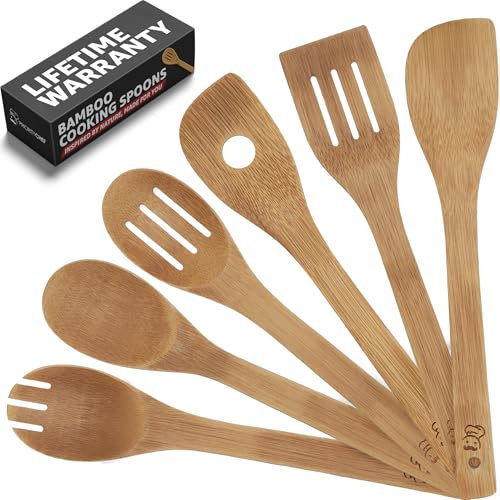 PriorityChef Lot de 6 cuillères en bois pour la cuisine, ustensiles de cuisine en bambou anti-rayures, non toxiques, faciles à nettoyer, pour un usage quotidien sur tous les types d'ustensiles de