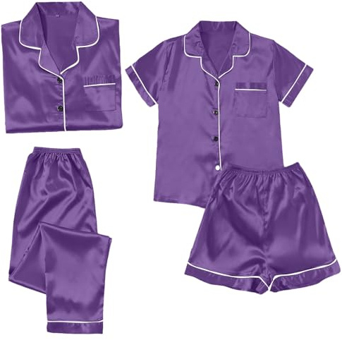 Set pigiama da donna in satin a maniche corte, 4 pezzi, set biancheria da notte per ragazze, set da 4 pezzi, pigiama estivo, set camicia e pantaloncini, set pigiama a maniche lunghe, taglie grandi