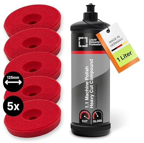 Liquid Elements Autopolitur Heavy Cut Compound 1L, inkl. 125mm Pad | Polierpaste für Autolacke, Lackaufbereitung Komplettset, Centriforce V2 Polierschwamm, ideal für alle Poliermaschinen
