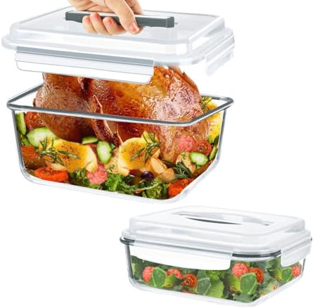 KOMUEE 2 Piece Extra Large Glass Food Storage Containers with Lids, 203oz & 74oz, Airtight Big Glass Containers,Leak-proof, BPA Free Lids with Carry Handle, Freezer Safe