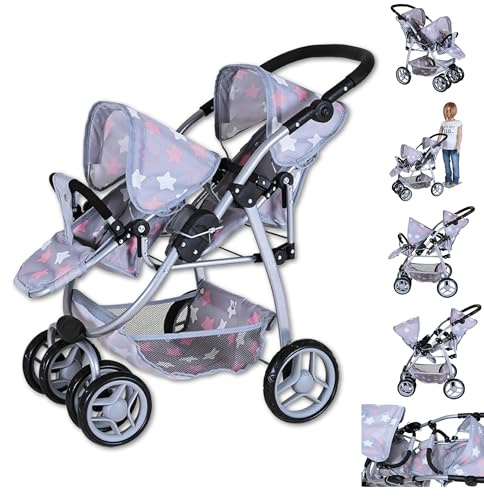 Knorrtoys 16444 - Cochecito Doble para muñecas Milo - Star Grey Pink