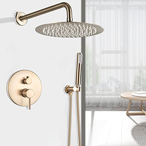 WACEH Jewelry Grifo de Ducha de Oro Cepillado montado en la Pared Cabezal de Ducha de Lluvia Grande Juego de Grifo de Ducha de baño de Lluvia con Ducha de mano-12 Pulgadas Earrings Necklace