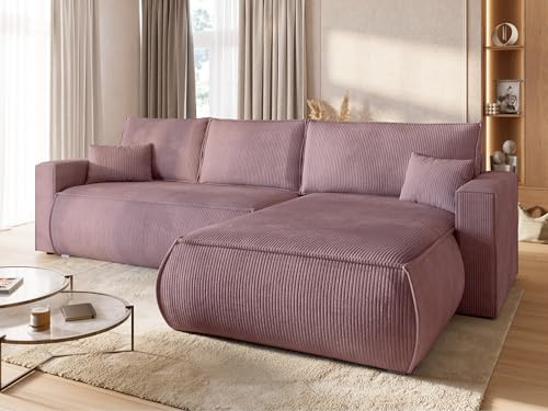 BROMARKT Ecksofa mit Schlaffunktion Couch L Form 270x173x80 cm Puderrosa | Sofa mit Bettkasten Wohnlandschaft Schlafsofa freistehend HAVANA Schlafcouch mit Stauraum Cord 3 sitzer Sofabed Eckcouch