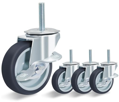 3 Inch Caster Wheels, Locking Stem Casters Set of 4, Threaded Stem (Diameter 3/8, Length 1-1/2) Heavy Duty Caster with Side Brake, Coffee Rubber Wheel Swivel Castor Wheels for Furniture, Carts