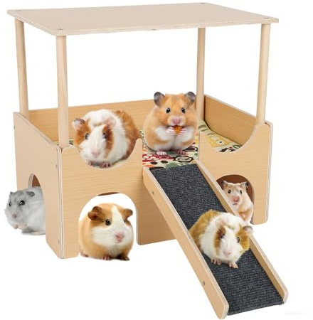 Meerschweinchenhaus aus Holz, Versteck mit 4 Höhlen und Treppen, abnehmbares Meerschweinchenschloss mit Rampe, Anti-Rutsch-Matte und Kissen, Hausbett für Hamster, Chinchillas, Hasen, Igel