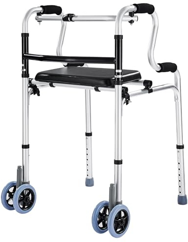 Folding Walkers with Wheels and Seat 390LB,Auto Brake Double Front 5 Wheel Walker,Lightweight Standard Walkers for Seniors,Aluminum Rolling Walker for Adults,Height Adjustable Walking Mobility Aid
