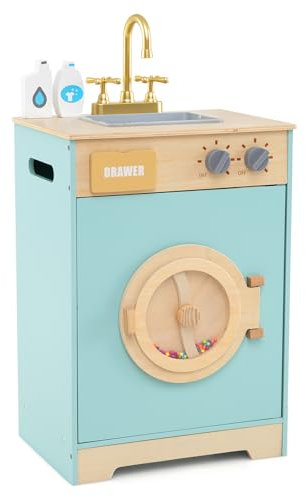 GOPLUS Machine à Laver en Bois Enfant, Jouet de Cuisine avec Détergent à Lessive et Désinfectant pour Les Mains, Panneau de Porte Rotatif Réaliste, Cadeau Éducatif pour 3+ Ans