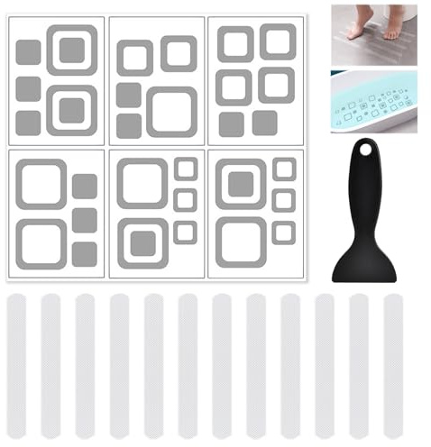 18 Piezas Pegatinas Antideslizantes para Bañera Transparentes, Alfombrillas Antideslizantes para Ducha con Raspador Silicona Incluido Antideslizante Impermeable Reutilizable Escaleras Suelo Baño