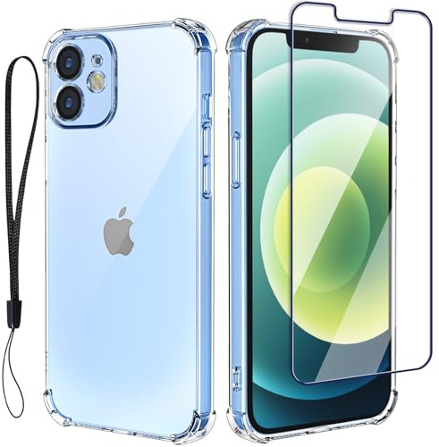 Jihucase for iPhone 12 Case, iPhone 12 Pro Case with Screen Protector: Transparent Slim Thin Soft Silicone TPU Protective Phone Cover with Lanyard Strap for iPhone 12/12 Pro (Clear)