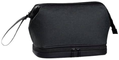 Beauty case uomo da viaggio – Borsa toilette impermeabile, organizer rasoio con manico, scomparto asciutto/bagnato in tessuto Oxford, piccolo e compatto (Nero)