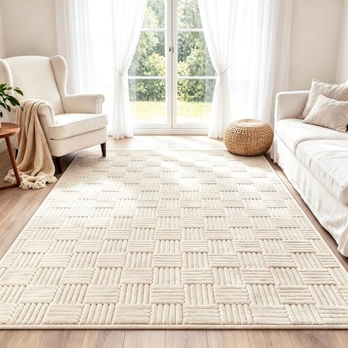 VSIWB Rugs Living Room 160x230cm Washable Soft Fluffy Area Rugs Cream Non-Slip Carpet 3D High Low Effect Modern Geometric Design for Bedroom, Dining Room, Lounge, Office, Kids Room