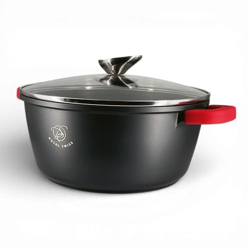 Royal Swiss Faitout 28 cm Noir 6L – Revêtement Marbre Antiadhésif, Couvercle en Verre, Compatible Induction & Four, Fonte d’Aluminium, Poignées Silicone Amovibles (Noir, 28 cm)