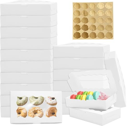 Keks Verpackung Set 20 Boxen mit Sichtfenster - Weißer Karton mit Gold Herz Sticker für Cupcakes, Pralinen, Macarons, Cookies - Geschenk Verpackung für Weihnachten, Geburtstag, Party, Feiertag