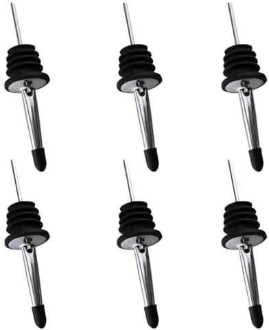 6 Pieces Pack of Stainless Steel Freeflow Pourer Spirit Pourer,Oil Pourers with Rubber Dust Caps,Stainless Steel Spout Belt,Rubber Seal,Drinks Pourer,for Kitchen,Home,Pours Liquor,Wine.