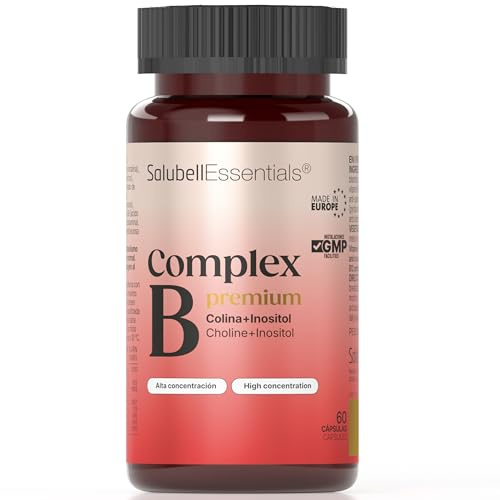 Salubell Essentials® COMPLEX B PLUS, 60 cápsulas. 8 vitaminas esenciales del grupo B (B1, B2, B3, B5, B6, B7, B9, B12), enriquecido con Colina e Inositol.Contribuye al Metabolismo. Reducción Cansancio