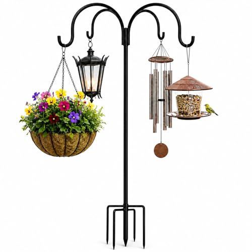 GOOGO Mât de mangeoire à oiseaux de 223 cm pour jardin, haut crochet de berger, poteau de suspension au sol, crochet de jardin en métal robuste pour suspendre des paniers de fleurs, carillons, lampes