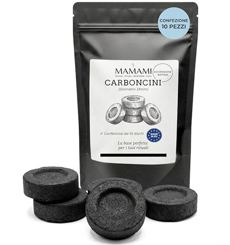 Carboncini per Incenso 33 mm – 10 Dischi Premium a Combustione Lenta fino a 60 min | Accensione Rapida, Fumo Pulito | Ideali per Resine e Incenso in Grani | Confezione Protettiva Anti-Umidità