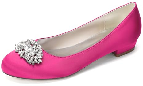 HHMYJUQA Chaussures Plates De Mariage Ivoire À Bout Rond pour Femme pour Mariée, Escarpins De Mariée en Satin À Talon Bas avec Strass,Fuchsia,38 EU