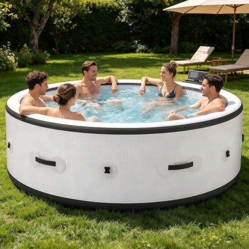 BANGBANGJI Tragbarer whirlpools Aufblasbar, Eigenes Hochdruck-Blasenbad Für 4-6 Personen, Rund 206 x 71cm, Schnellheizung 104°F, mit 150 Düsen für Terrasse Garten und Außenbereich