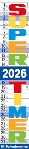 Supertimer 2026: Streifenkalender mit Datumsschieber, Ferienterminen und Spiralbindung I schmal im Format: 17 x 85 cm