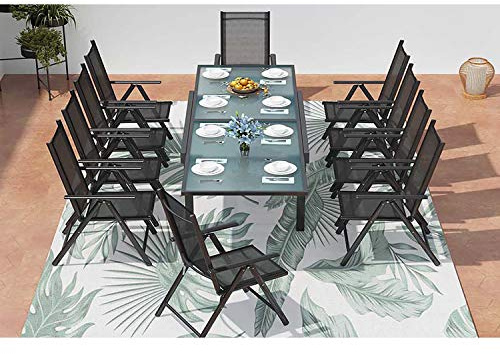 CONCEPT USINE - Set Pranzo da Giardino Modello Brescia 10 Persone Allungabile Grigio e Nero - 1 Tavolo in Alluminio - 10 Poltroncine - Ripiano in Vetro - Prolunga a scorrimento - Leggero, Impermeabile