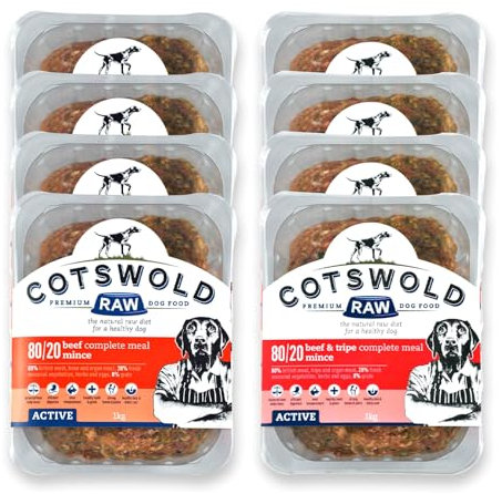 Cotswold RAW Raw Dog Food, Active 80/20 Mince, Adult Dog Food, BARF Premium British Meat Raw for All Dogs, Frozen Meal, Beef/Beef & Tripe Mince - 8kg