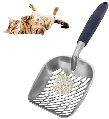 Andiker Pala de arena de metal para gatos, duradera y grande, con mango largo ergonómico y ranura de agujeros grandes, pala de arena para mascotas, fácil de limpiar (azul)