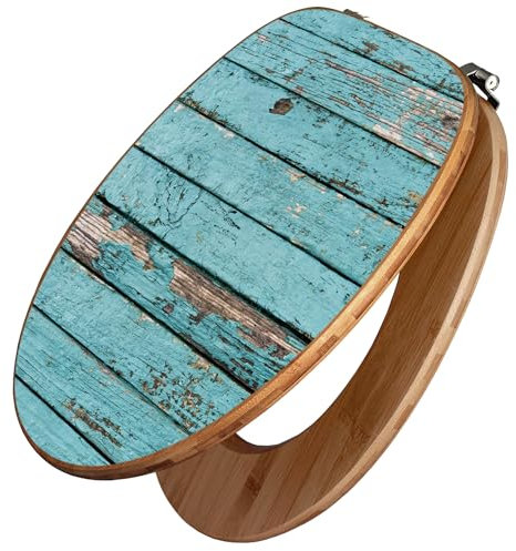 banjado Design WC Sitz Bambus 45x37,5cm / Toilettendeckel Holz/hochwertiger Toilettensitz/Bambus-Toilettendeckel für alle gängigen Toiletten - Blaue Holzlatten