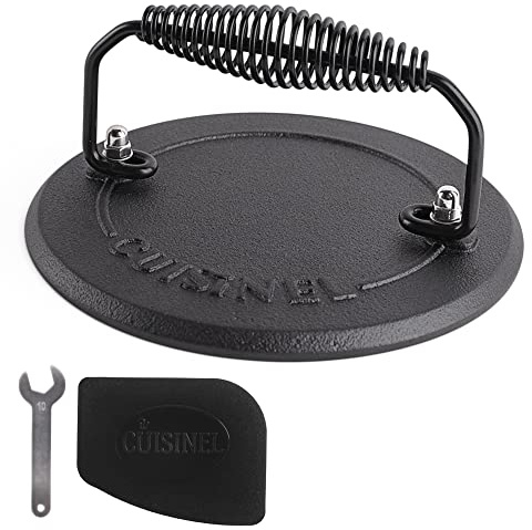Cuisinel Grill Press - Cast Iron Burger Press for Bacon, Steak and Smashed Hamburgers - 7.5 Round Pre-Seasoned 4-lb. Weight Sandwich/Panini Maker - Griddle, BBQ, Grill Accessory