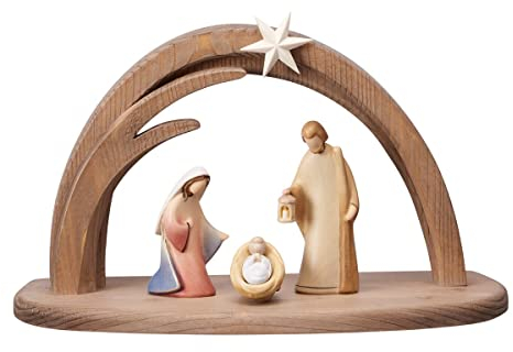 Weihnachts-Set aus Holz, Heilige Familie, moderne Krippe aus Holz mit Hütte im modernen Stil, hergestellt im Gardena-Val, bunte Version (Höhe Josef cm)