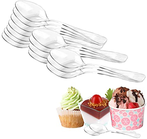 100 Stück Plastiklöffel, Mini Clear Plastic Spoons(3.74 Zoll /9.5cm) Strapazierfähige Kunststoff Dessertlöffel, Klein Wiederverwendbare Dessertlöffel für Dessert Pudding Mousse Party