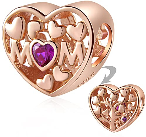 Charms maman en or rose, arbre généalogique de coeur d'amour maman perles en argent sterling, breloques de mom racines famille pour bracelet de fête des mères pandora, cadeau pour tante/cousine/nièce