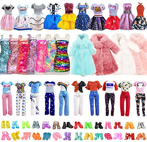 Xerteam 23-teiliges Winter-Puppen-Kleidungs- und Zubehör-Set, 6 modische Kleider (2 Paillettenkleider), 3 Oberteile, 3 Hosen, 1 Mantel, 10 Schuhe für 29,8 cm Puppe (zufälliger Stil)