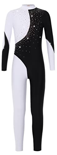 TiaoBug Turnanzug Mädchen Langarm Glitzer Body mit Strasssteine Farbblock Ganzkörperanzug Eiskunstlauf Gymnastik Trikot Turnen Leotards Schwarz&Weiß 146-152