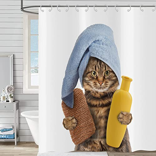 Hnmdmyi Cortina de ducha con diseño de gato divertido, 180 x 200, bonito gatito marrón con esponja de baño, champú y toalla azul, cortina de bañera, cortina de baño para niños, dibujos animados