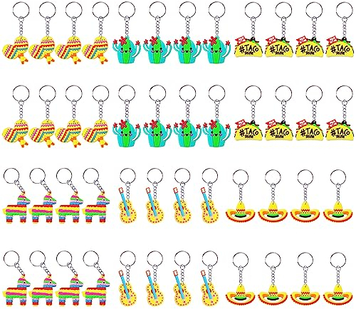 CiciBear 48 Stück mexikanische Partygeschenke mit Pinata, Hut, Kaktus, Taco, Gitarre und Maraca Schlüsselanhänger für mexikanische Fiesta-Party, Cinco De Mayo Party, mexikanische Geburtstagsparty,